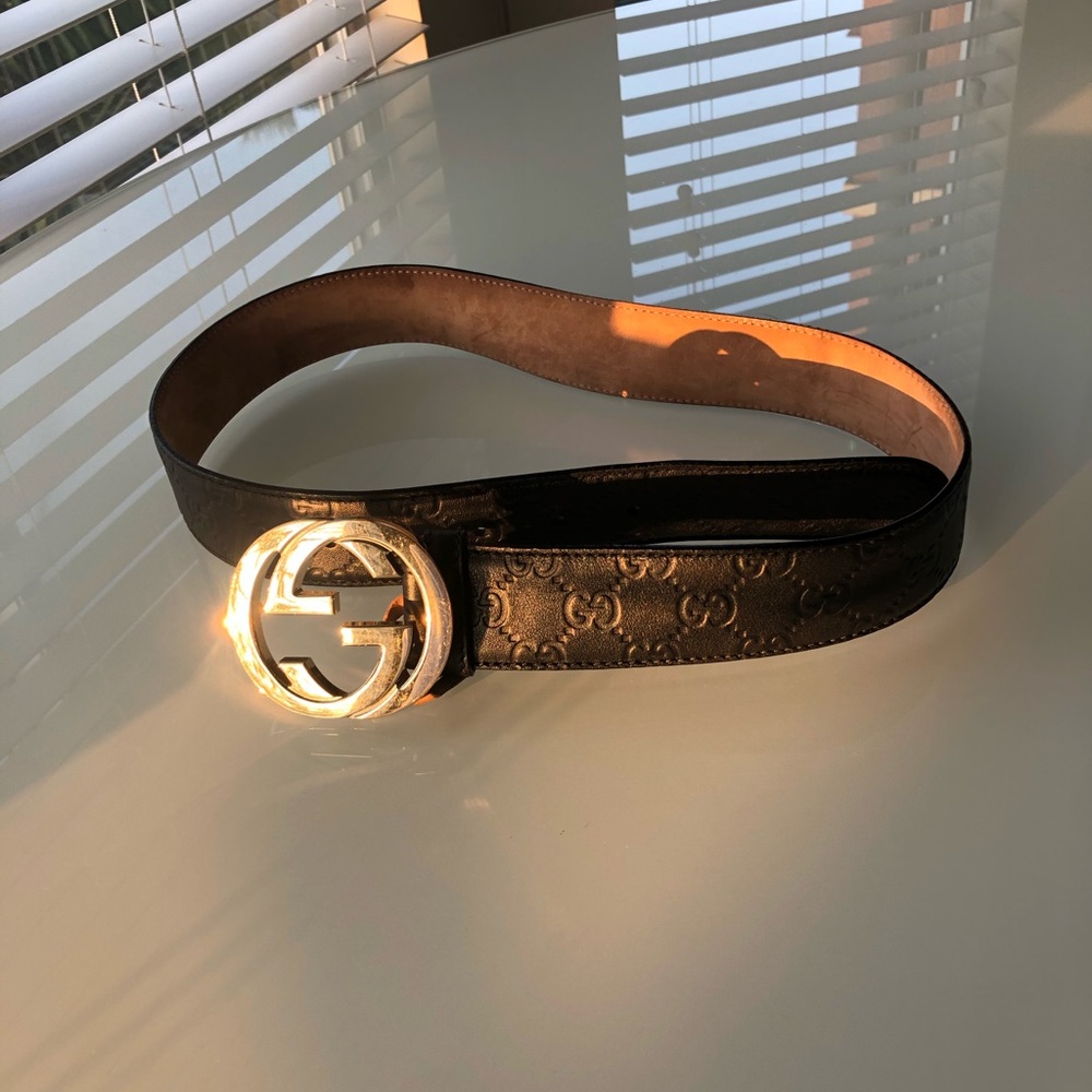 Monogram black leather Gucci belt